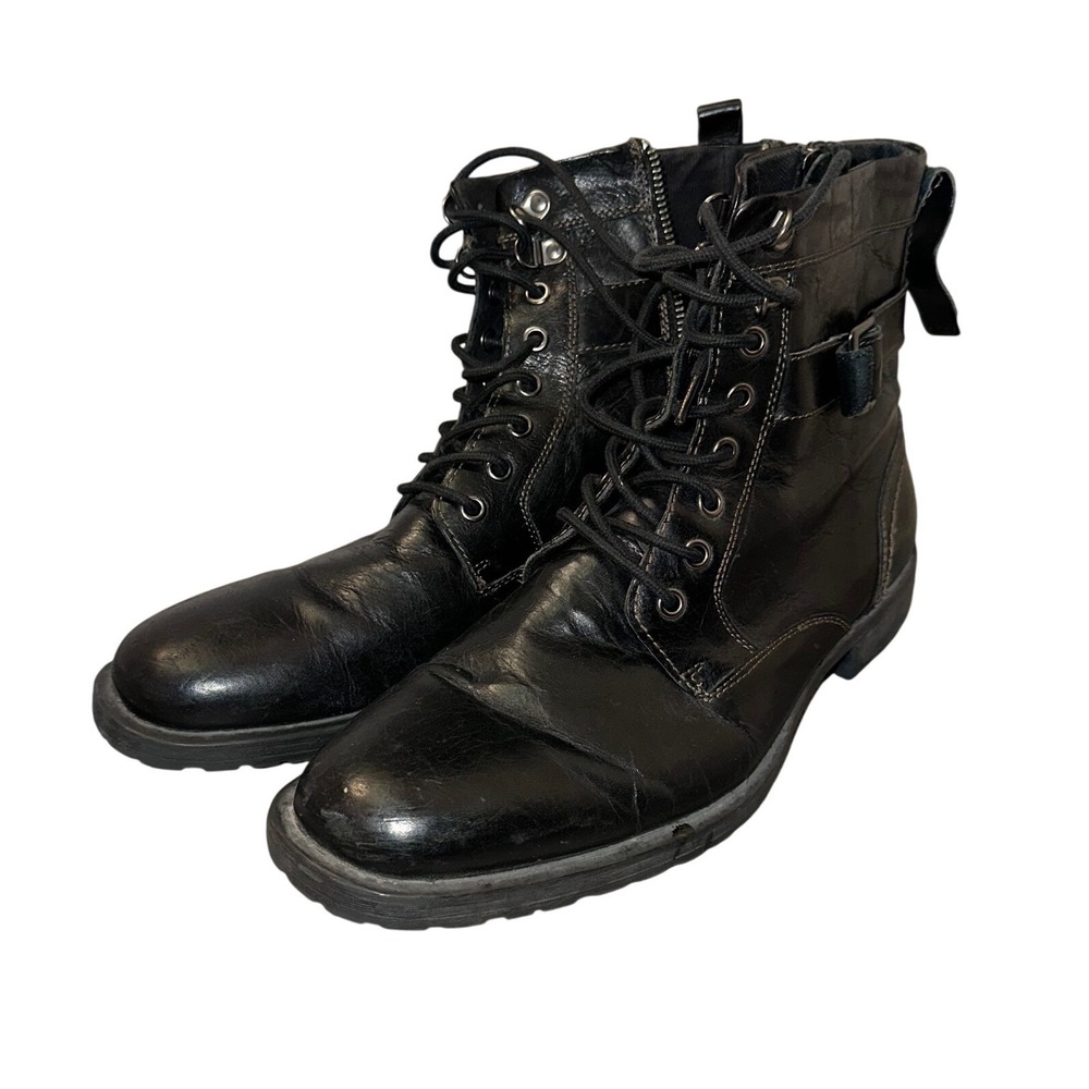 Aston Grey Rockcastle 2 Mens 9 Black Leather Combat Boots Side Zip Buckle Lug